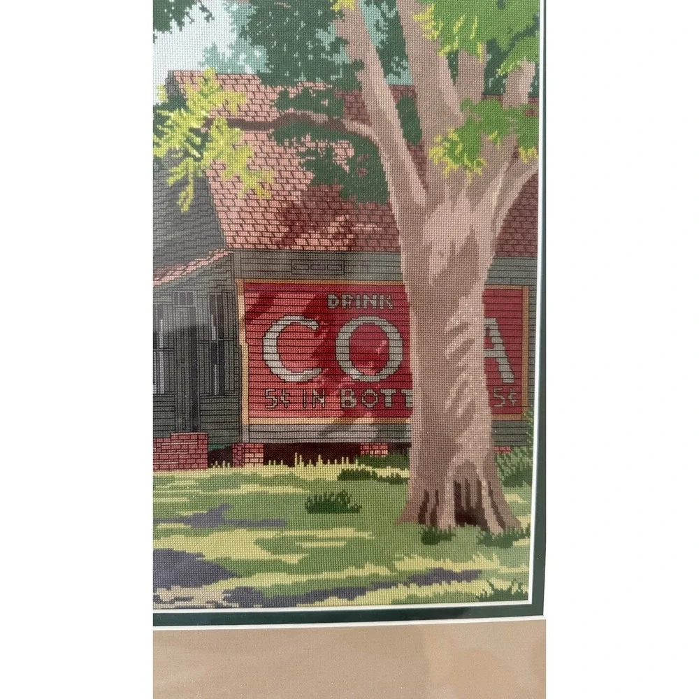 Vintage Framed Cross Stitch Art Americana Rural Landscape Cola Sign